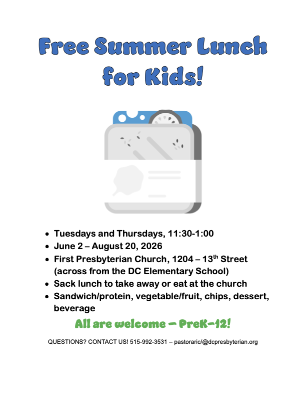 Free Summer Lunch for Kids at First Presbyterian Church in Dallas Center. 