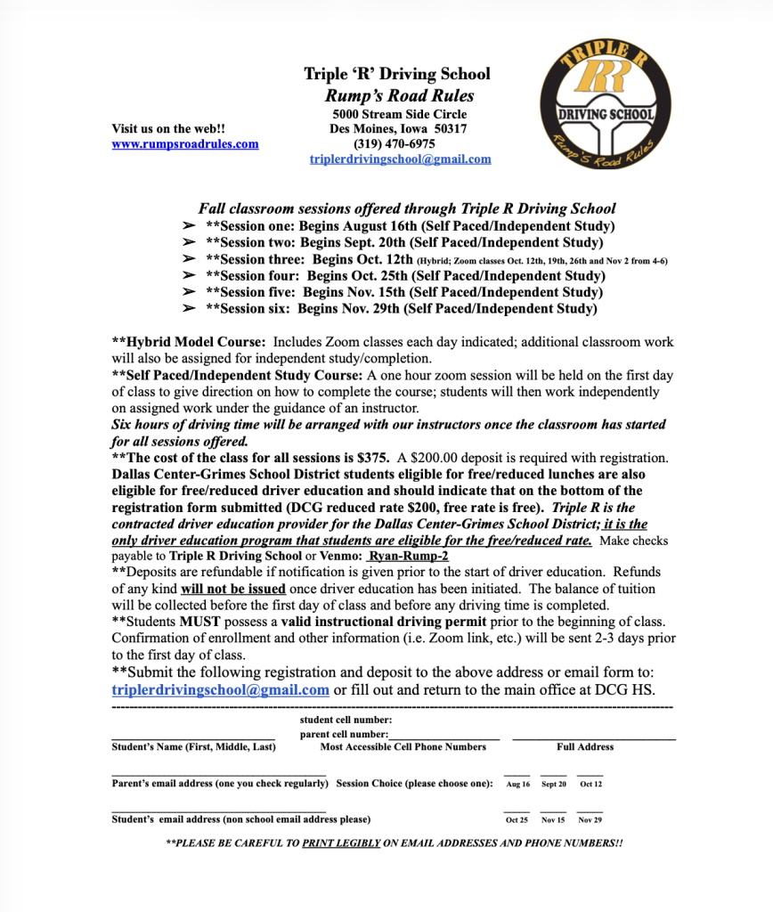 Driver's Ed Information for the Fall of 2026
