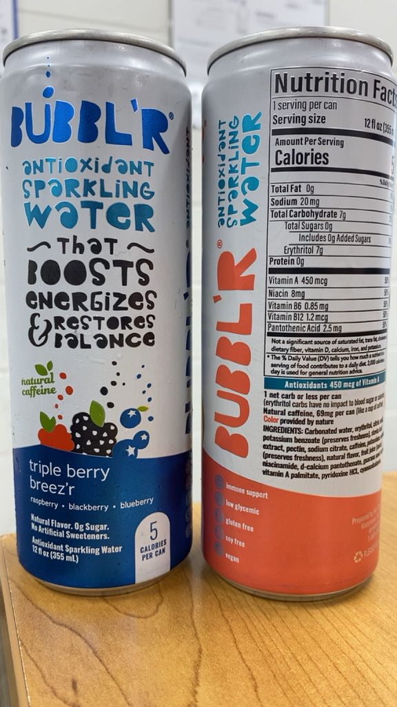 Two cans of Bubbl'r showing nutrition facts